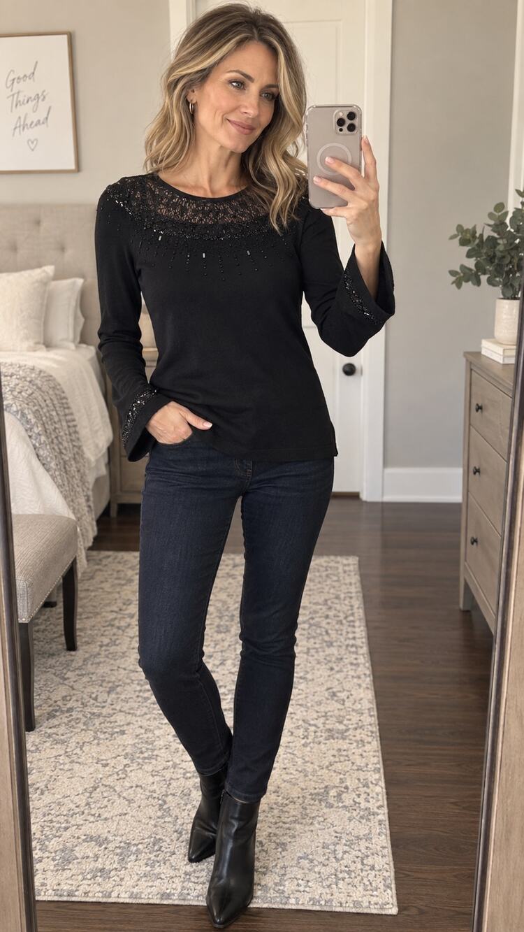 White House Black Market Black Beaded Lace Yoke Long Sleeve Top Size XS